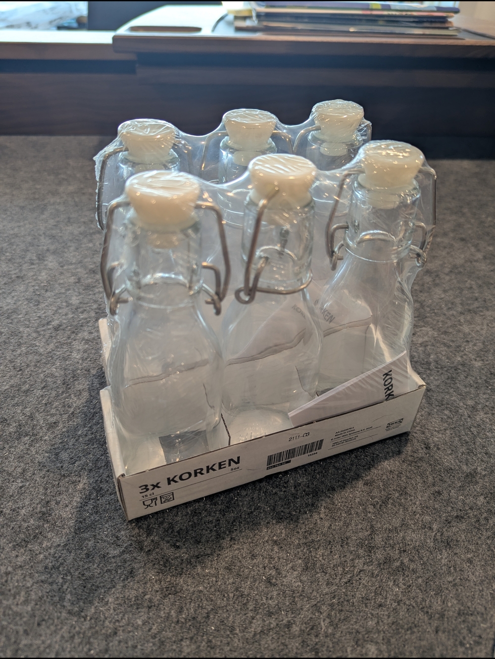 IKEA Clear Glass KORKEN Bottles with White Swing Stoppers (Set of 6)